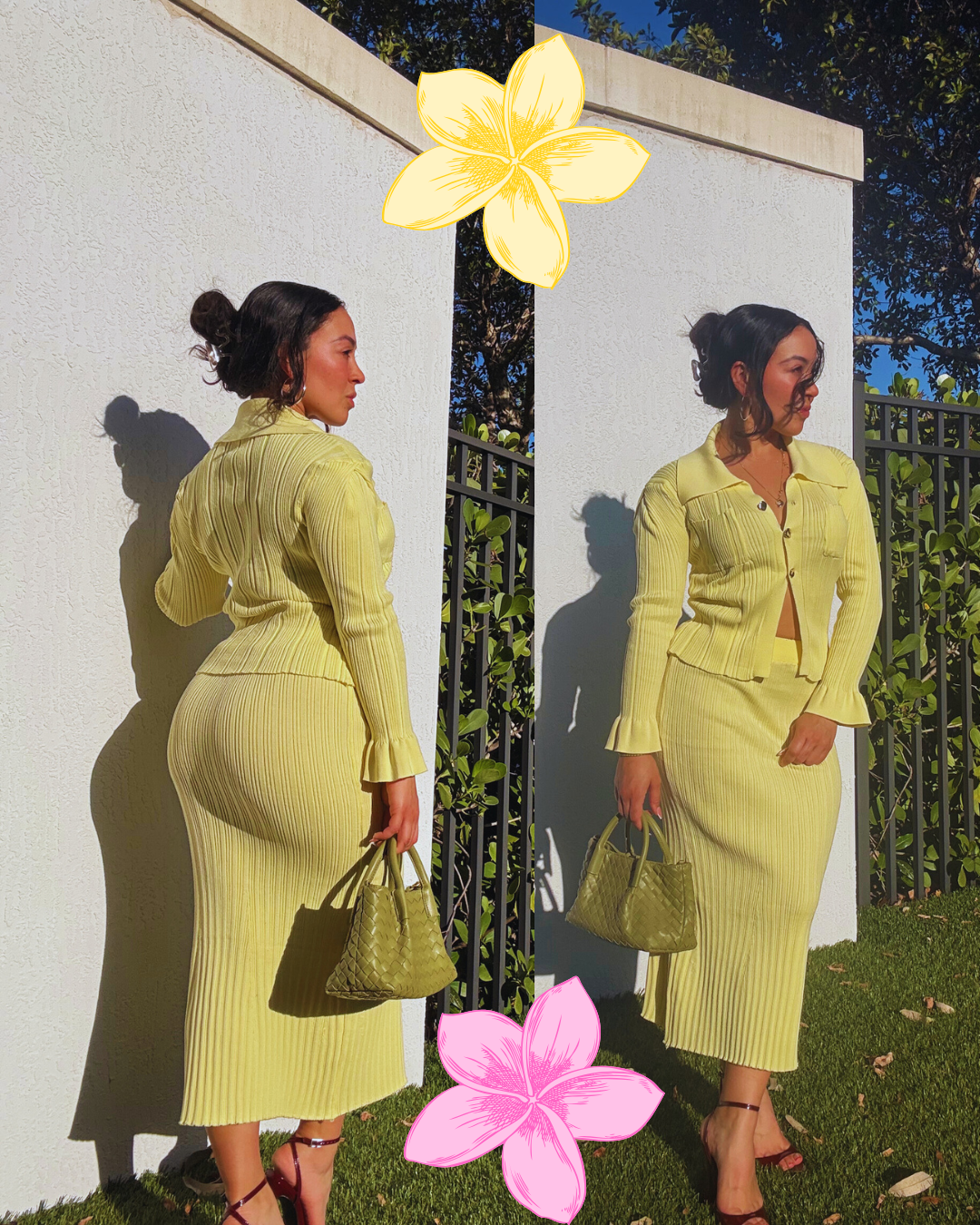 Woman in a yellow outfit standing against a white wall with decorative flowers added.