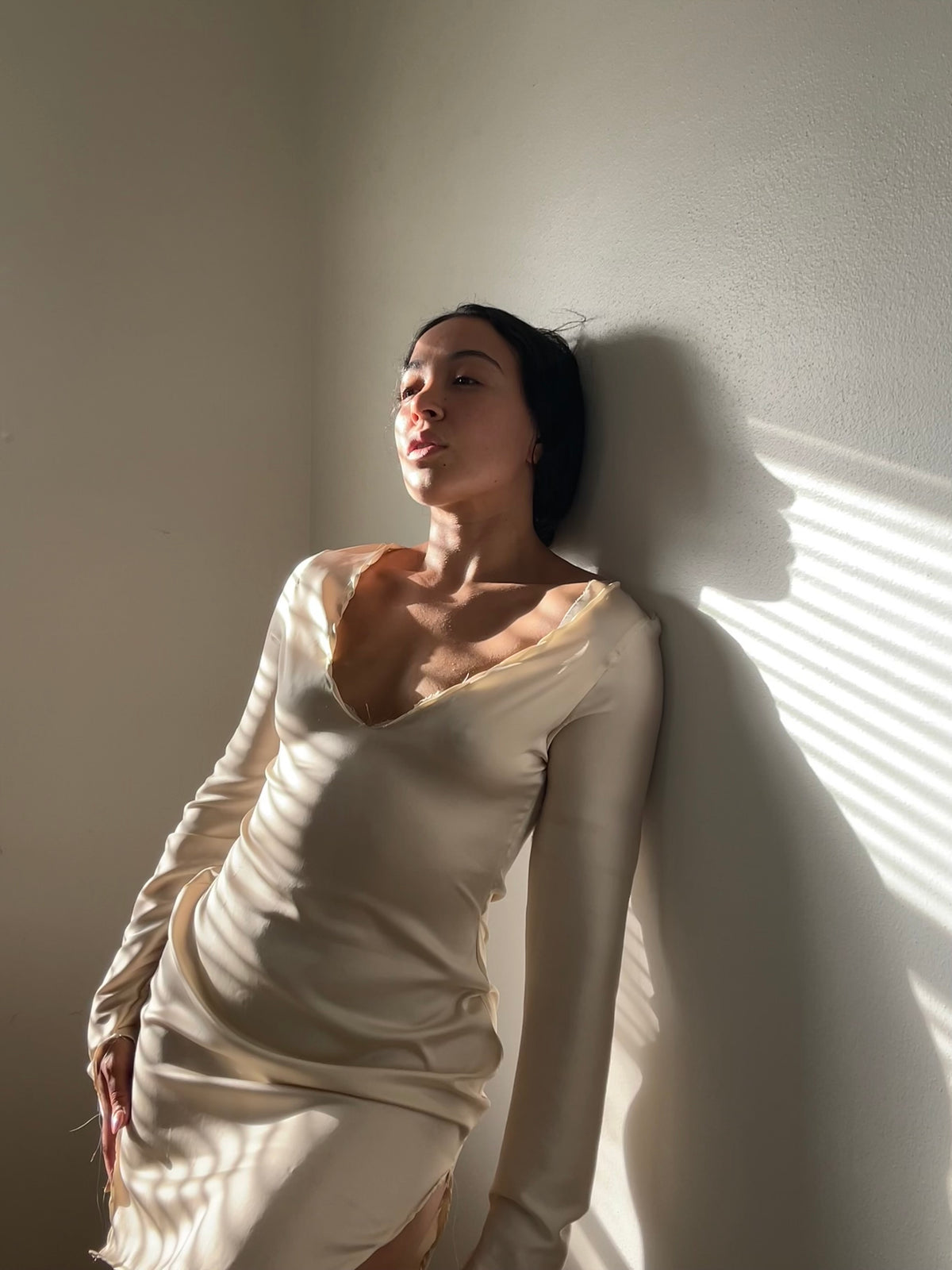 Shibui, our long sleeve silk  dress in beige
