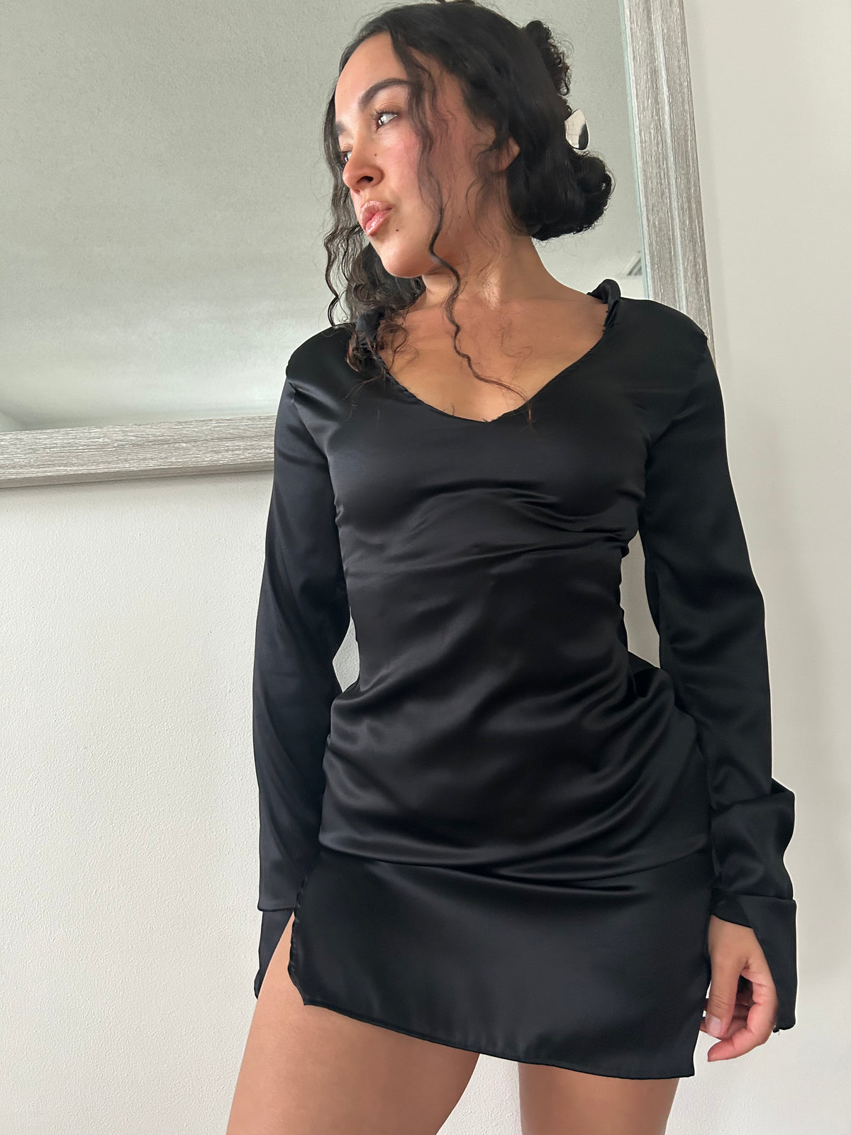 Shibui, our long sleeve silk  dress in black