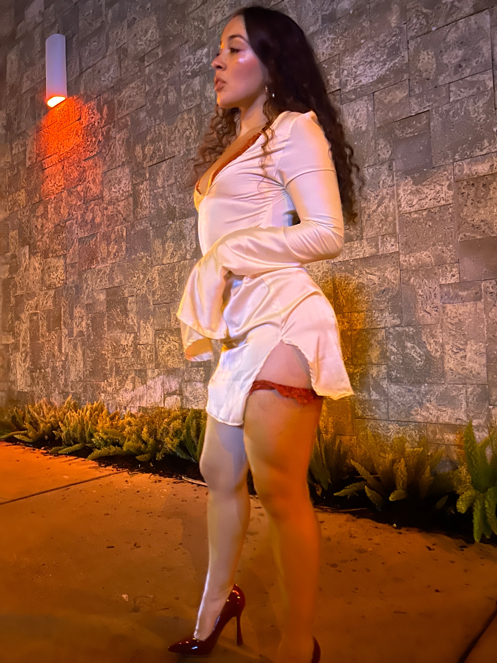 Shibui, our long sleeve silk  dress in beige