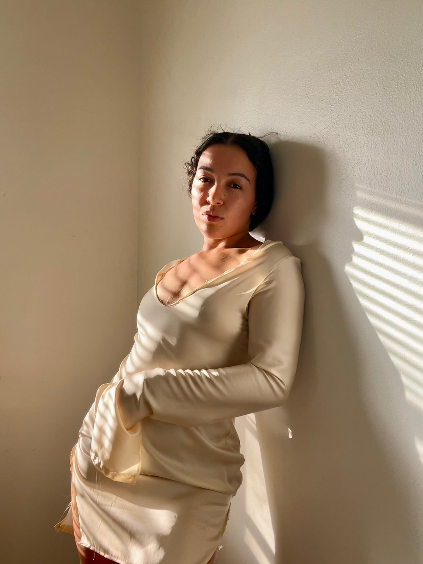 Shibui, our long sleeve silk  dress in beige