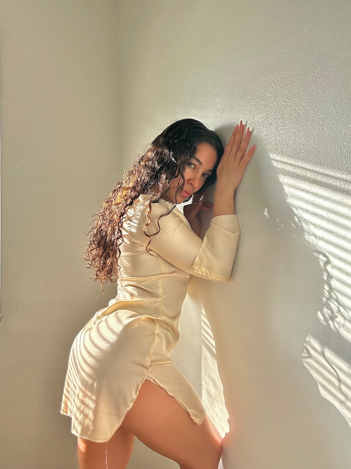 Shibui, our long sleeve silk  dress in beige