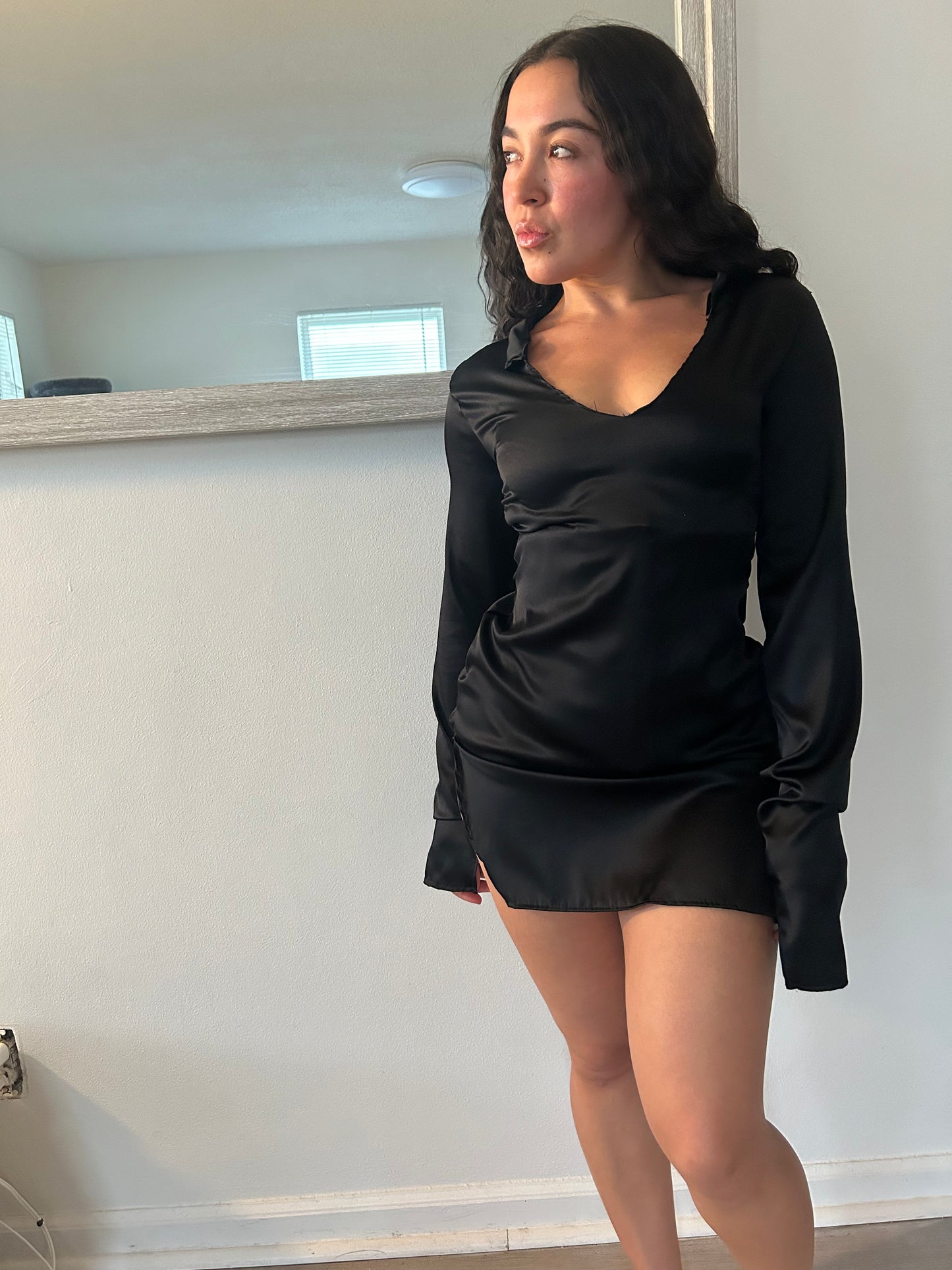 Shibui, our long sleeve silk  dress in black