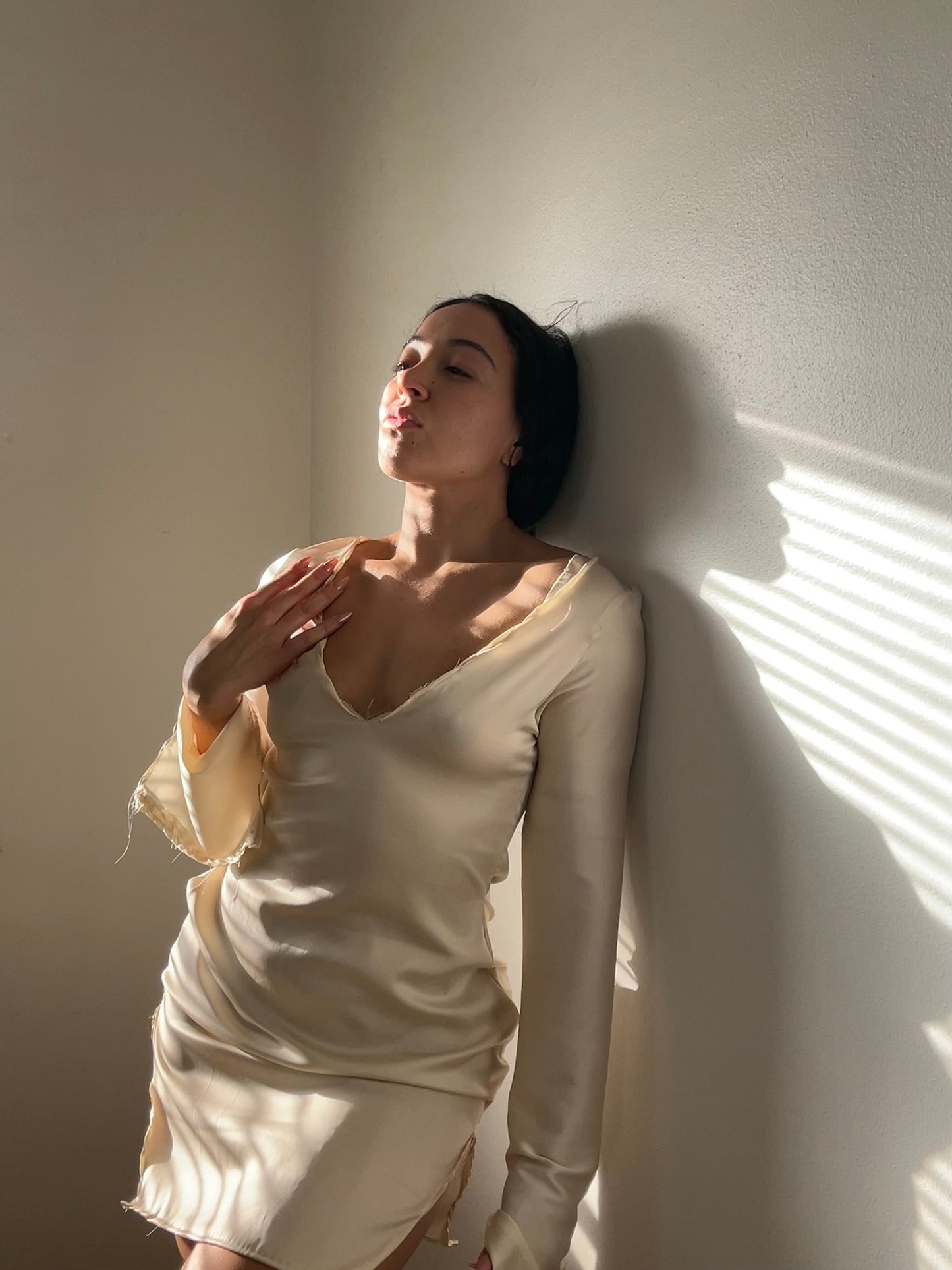 Shibui, our long sleeve silk  dress in beige